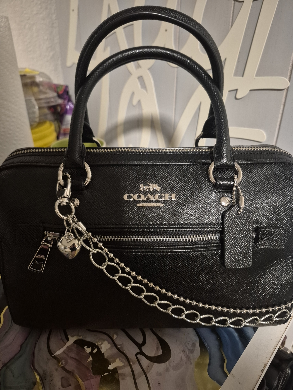 Coach Rowan Black Crossgrain Leather Satchel with Silver Hardware